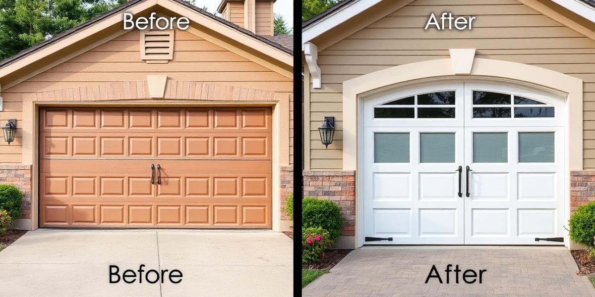 Before and after garage door transformation showing dramatic improvement