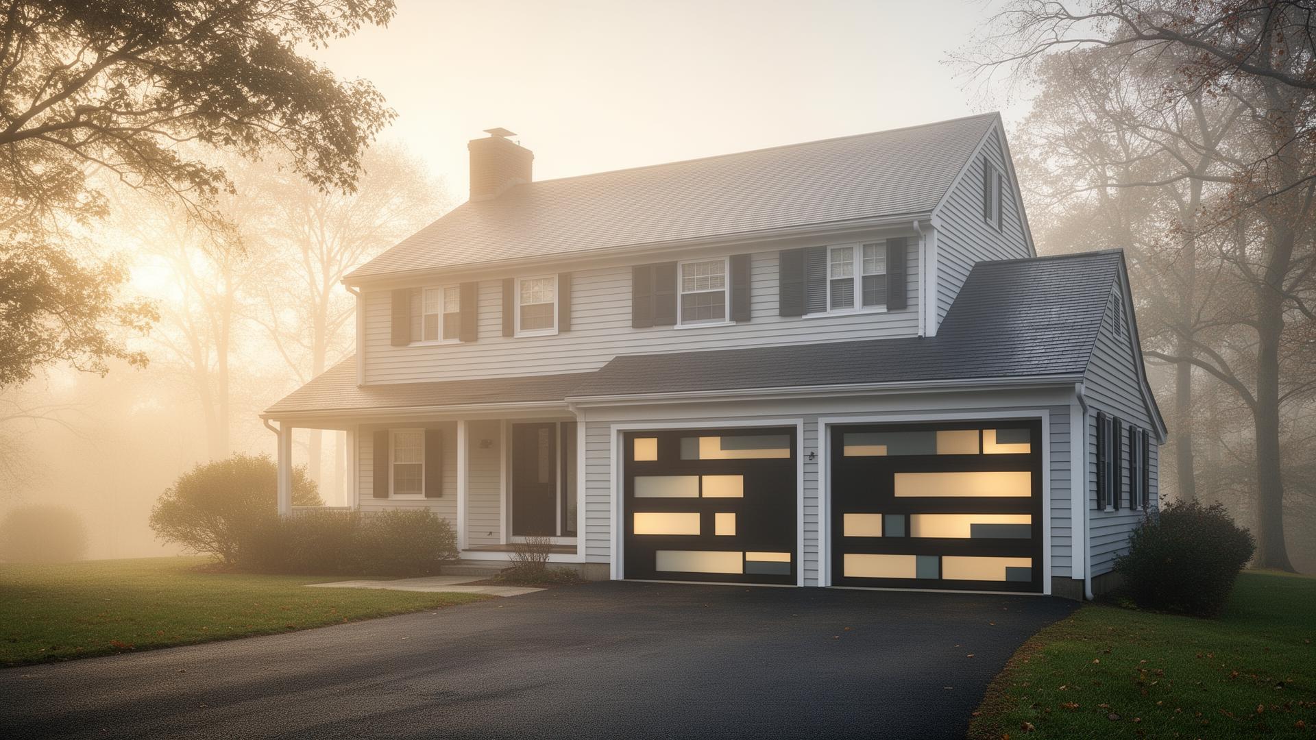 Beautiful modern home with geometric pattern garage doors in misty morning light
